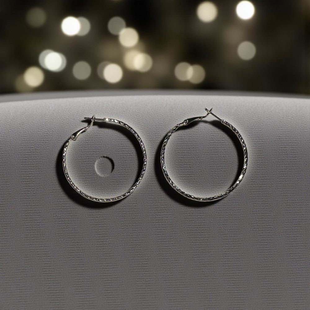 Silver Hoop Earrings with a Twist Textured